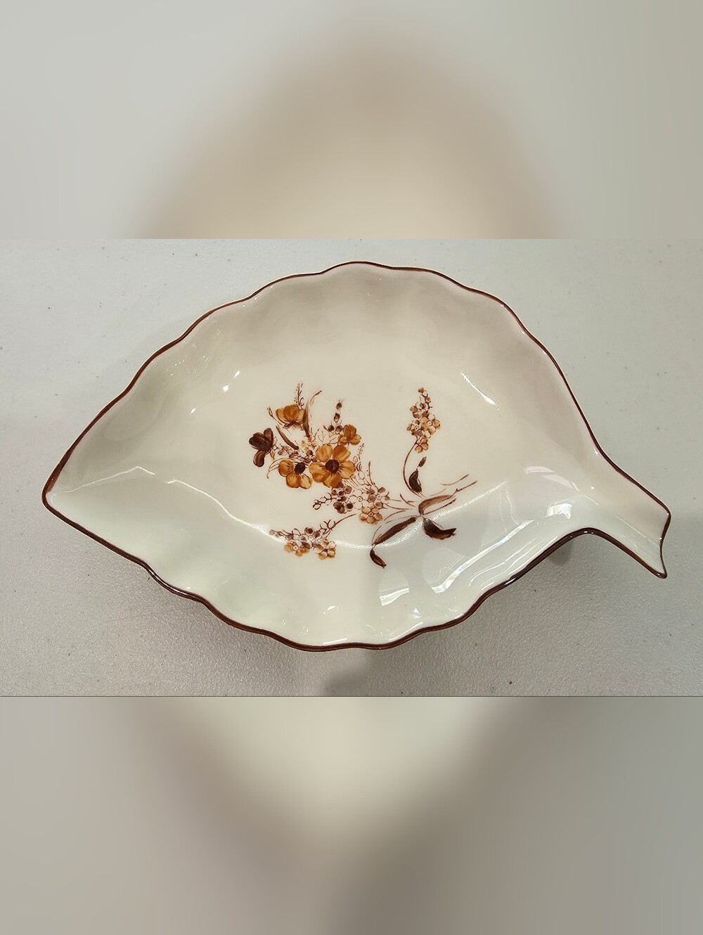 Vintage Indiana Glass Leaf Candy Dish Brown Floral Milk Glass Trinket Bowl